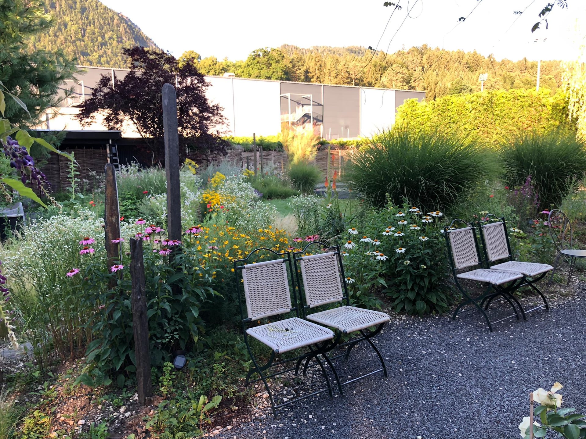 Jardin naturaliste avec coin détente et chaises